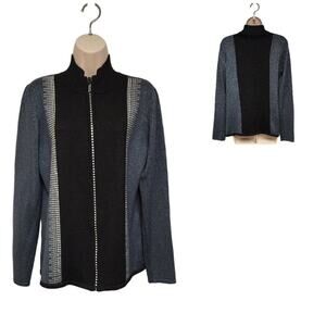 Fontana Black Ribbed Shimmer Jeweled Zip Up Sweater Size Medium